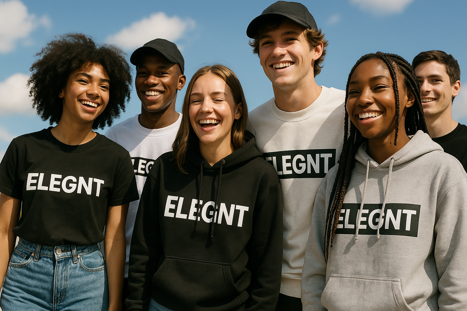 eine gruppe junger leute trägt klamotten mit dem logo "ELEGNT" und im Hintergrund sieht einen blauen himmel mit paar wolken